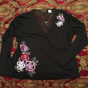 Very sheer black blouse with sequin applique